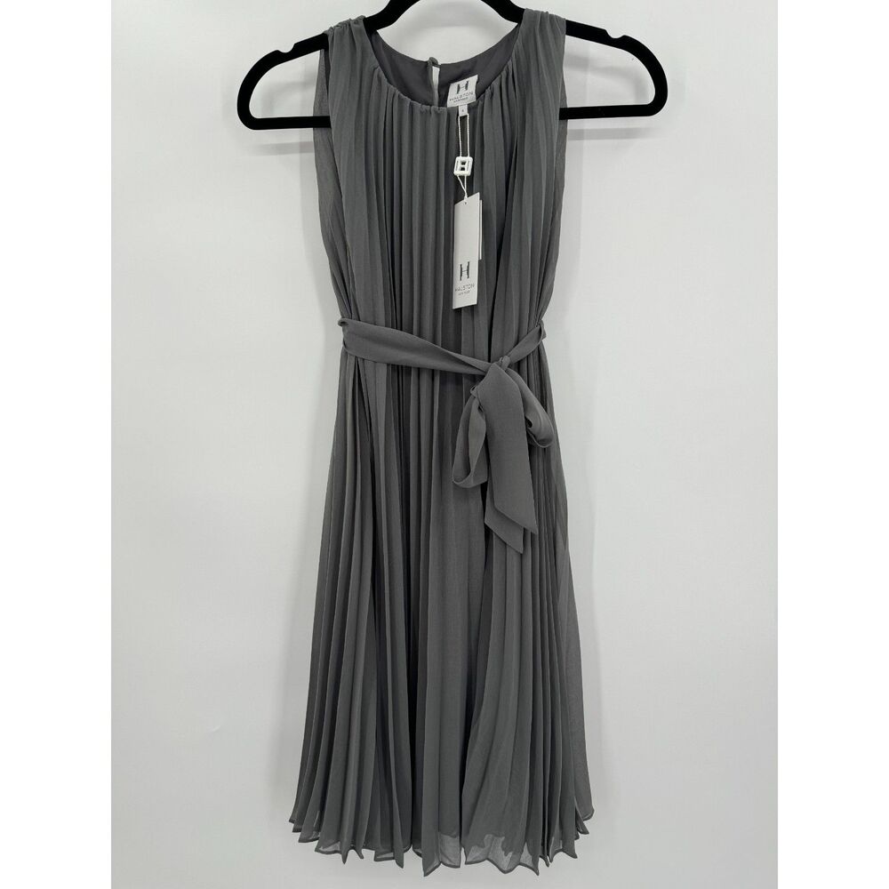 NWT HALSTON Heritage Pleated Chiffon Gray Halter Mini Dress Size 4